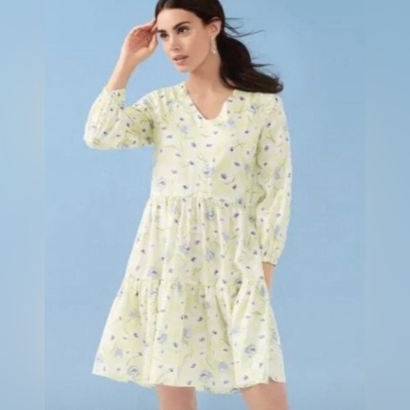 Ann Taylor Factory floral dress lemon/grey long sleeve mini - Picture 2 of 7